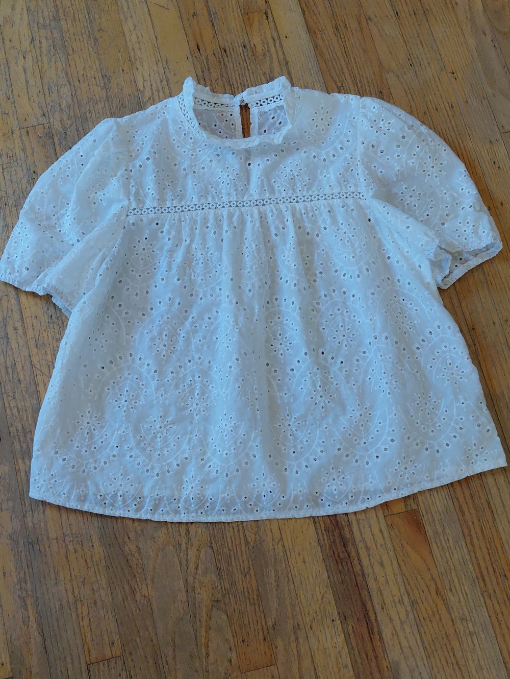 White Eyelet Lace Blouse with Puff Sleeves - Classic Feminine Top